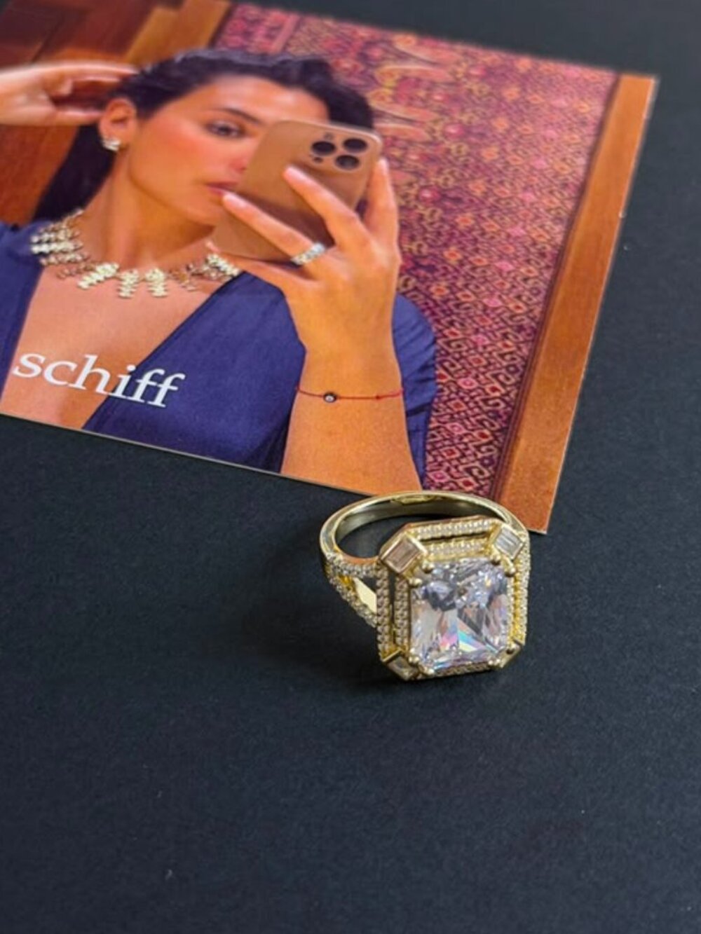 MARLYN SCHIFF - Large Emerald Cut Clear Stones Gold Ring Size 9
